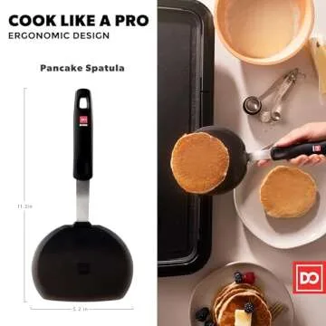 Silicone Turner Pancake Spatula - Nonstick Cookware Safe 600°F Heat-Resistant Flexible & Thin Cooking Flipper for Eggs - Reinforced Stainless Steel Core - BPA Free & Dishwasher Safe by DI ORO