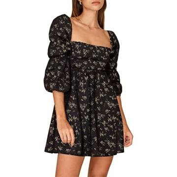 EXLURA Womens Square Neck Dress Long Puff Sleeve A-Line Casual Short Mini Dress Black Floral