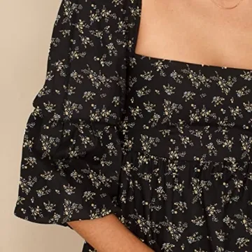 EXLURA Square Neck Puff Sleeve Mini Dress for Women