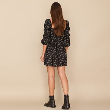EXLURA Square Neck Puff Sleeve Mini Dress for Women