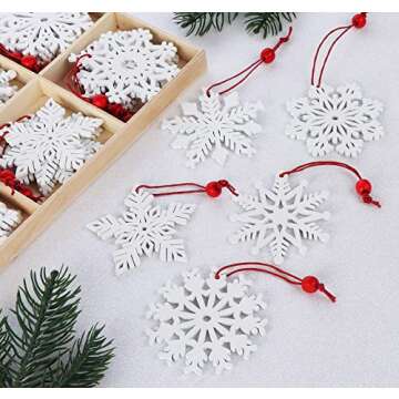 Lemonfilter 30Pcs Wooden Snowflakes Ornaments White, Christmas Wood Hanging Decorations 2.75 Inches Snowflakes Shaped Embellishments Hollowed Christmas Tree Hanging Ornaments with 30pcs Red Rope