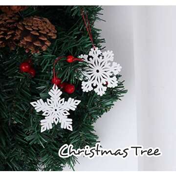 Lemonfilter 30Pcs Wooden Snowflakes Ornaments White, Christmas Wood Hanging Decorations 2.75 Inches Snowflakes Shaped Embellishments Hollowed Christmas Tree Hanging Ornaments with 30pcs Red Rope