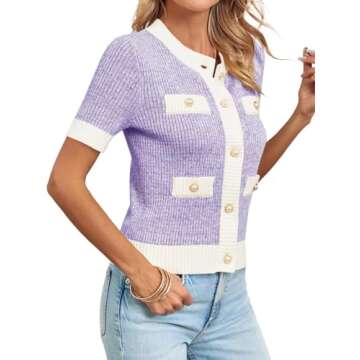 Langwyqu Womens Short Sleeve Button Down Cardigans Sweater Cropped Lightweight Crew Neck Elegant Tops Purple
