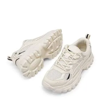 DREAM PAIRS Women Platform Chunky Lightweight Comfortable Breathable Casual Stylish Y2K Lace-Up Heidi Walking Fashion Sneakers,Size 7.5,Beige-Pu,SDFN2421W