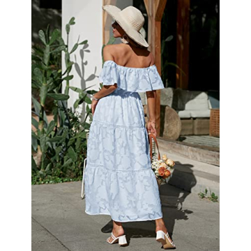BerryGo Women's Chic Burnout Off Shoulder Lace Maxi Dress Cotton Flowy Long Summer Beach Dress for Wedding Guest Blue L