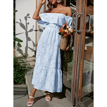 BerryGo Women's Chic Burnout Off Shoulder Lace Maxi Dress Cotton Flowy Long Summer Beach Dress for Wedding Guest Blue L