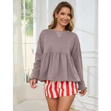 MISSACTIVER Women's Cute Ruffle Hem Babydoll Sweatshirt Crew Neck Long Sleeve Drop Shoulder Trendy Flowy Peplum Pullover Tops Purple