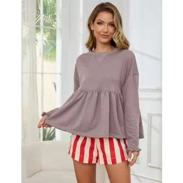 MISSACTIVER Women's Cute Ruffle Hem Babydoll Sweatshirt Crew Neck Long Sleeve Drop Shoulder Trendy Flowy Peplum Pullover Tops Purple