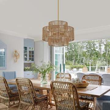 ELYCCUPA 24” Boho Hand Woven Rattan Chandelier 3 Round Adjustable 4-Light Large Pendant Light for ...