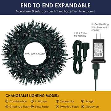 XUNXMAS Bright Christmas Lights Outdoor 300 LED String Lights, 100ft Connectable 8 Modes Christmas S...