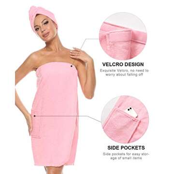 Kniffi Womens Wrap Towel Spa Wraps & Hair Towel Body Wrap Adjustable Closure Bathrobe Pink L
