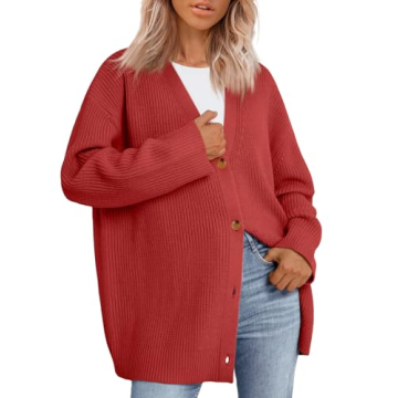 LILLUSORY Women Oversized Cardigan Sweater Fall Outfits Cloth Fashion V Neck Knit Button Front Casual Trendy Tops Red Medium
