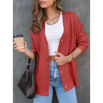 LILLUSORY Women Oversized Cardigan Sweater Fall Outfits Cloth Fashion V Neck Knit Button Front Casual Trendy Tops Red Medium