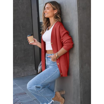 LILLUSORY Women Oversized Cardigan Sweater Fall Outfits Cloth Fashion V Neck Knit Button Front Casual Trendy Tops Red Medium