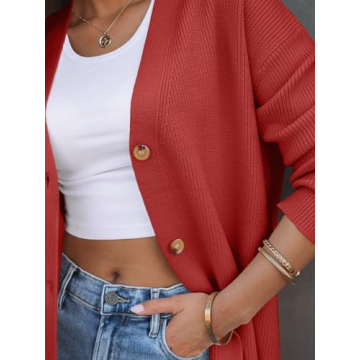 LILLUSORY Women Oversized Cardigan Sweater Fall Outfits Cloth Fashion V Neck Knit Button Front Casual Trendy Tops Red Medium