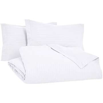 Amazon Basics Brushed Microfiber 3 Pieces Duvet Cover Set, Full/Queen, Bright White, Striped
