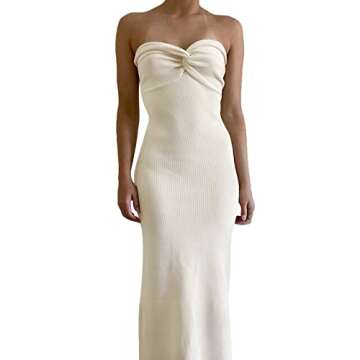 Women Strapless Knitted Maxi Dress Sexy Twisted Knot Front Sleeveless Long Dress Y2K Backless Bodycon Split Summer Sundress(A White,Small)