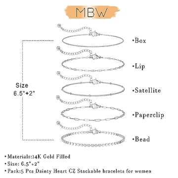 MBW Silver Bracelets for Women Trendy, Sterling Silver Dainty Bracelets for Women 14K Silver Chain Bracelet Stack Waterproof Jewelry Minimalist Simple Small Thin Bracelet Set for Women Teen Gift
