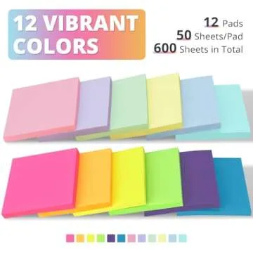 Sticky Notes, 12 Pads, Sticky Notes 3x3 Inches, Coloful Sticky Note Pads, Easy to Stick for School, ...