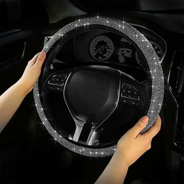Lillenginan Bling Steering Wheel Cover, Bling Crystal Rhinestones Steering Wheel Cover Universal Fit 15 Inch Sparkling Car Wheel Protector Accessories for Women Girls, White