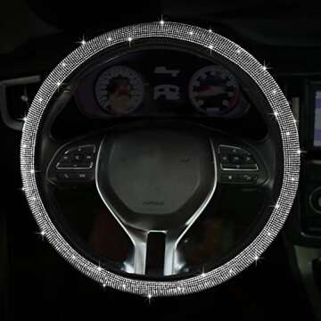 Lillenginan Bling Steering Wheel Cover, Bling Crystal Rhinestones Steering Wheel Cover Universal Fit 15 Inch Sparkling Car Wheel Protector Accessories for Women Girls, White