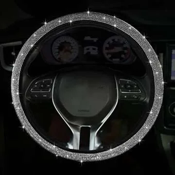 Lillenginan Bling Steering Wheel Cover, Bling Crystal Rhinestones Steering Wheel Cover Universal Fit 15 Inch Sparkling Car Wheel Protector Accessories for Women Girls, White