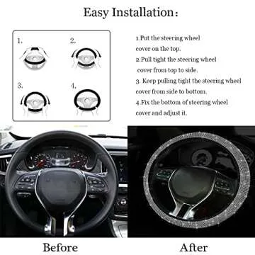 Lillenginan Bling Steering Wheel Cover, Bling Crystal Rhinestones Steering Wheel Cover Universal Fit 15 Inch Sparkling Car Wheel Protector Accessories for Women Girls, White