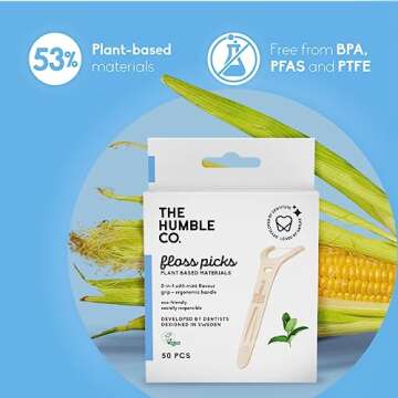 The Humble Co. Floss Picks (200 Count) – Plant Based Dental Floss Picks with Grip Handle for Superior Oral Care, Dental Hygiene, and Gum Health, Cruelty Free Tooth Floss Picks (Mint)