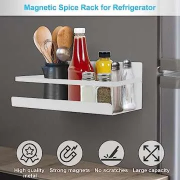 Magnetic Spice Rack for Refrigerator, 2 Pack Magnetic Shelf Fridge Organizer for Spice Jars, Magnet Shelves Seasoning Spice Holder with 4 Hooks for Kitchen White Board Pantry Organizers and Storage