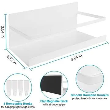 Magnetic Spice Rack for Refrigerator, 2 Pack Magnetic Shelf Fridge Organizer for Spice Jars, Magnet Shelves Seasoning Spice Holder with 4 Hooks for Kitchen White Board Pantry Organizers and Storage