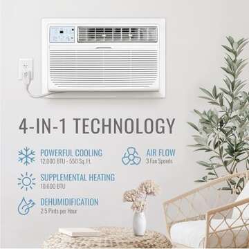 Keystone 12,000 BTU Wall Air Conditioner with Dehumidifier and Supplemental Heat, 230V, Quiet Wall AC for Small and Medium Sized Rooms up to 550 Sq.Ft. with Remote Control, White