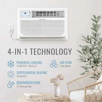 Keystone 12,000 BTU Wall Air Conditioner with Dehumidifier and Supplemental Heat, 230V, Quiet Wall AC for Small and Medium Sized Rooms up to 550 Sq.Ft. with Remote Control, White