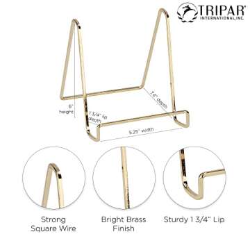 TRIPAR 6-Inch Metal Brass Plated Square Book Holder/Stand, Wire Mini Easel, Small Photo Stands for Table, Display for Picture Frames, Plaques & Plates