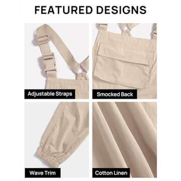 ZESICA Women's Sleeveless Overalls Jumpsuit Casual Loose Adjustable Straps Bib Long Pant Jumpsuits with Pockets,Apricot,Medium