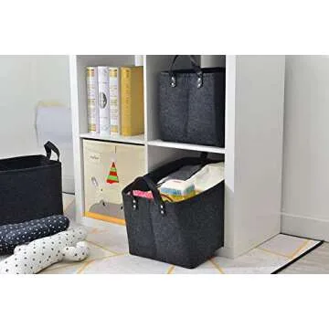 GUOZI Storage Basket, Collapsible Rectangular Felt Storage Bins with PU Handles, Large Laundry Basket Storage Solution for Office Nursery Wardrobe Bookshelf Bedroom Keepsake Toys