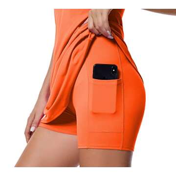 Women's Tennis Dress, Workout Golf Dress Built-in with Bra & Shorts Pocket Sleeveless Athletic Dresses Orange