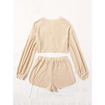 MakeMeChic Women's Solid Long Sleeve Crop Top & Drawstring Waist Shorts 2 Piece Set Apricot S