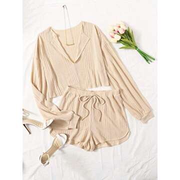 MakeMeChic Women's Solid Long Sleeve Crop Top & Drawstring Waist Shorts 2 Piece Set Apricot S