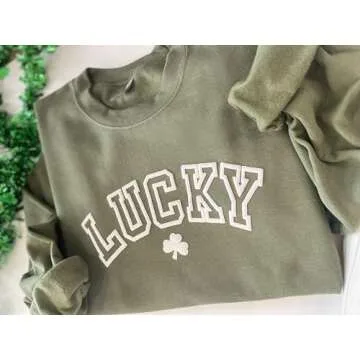 Up2ournecksinfabric Lucky Sweatshirt - Womens St Patricks Day Shirt - Shamrock Sweatshirt - Embossed Puff - St Patrick's Day Sweater