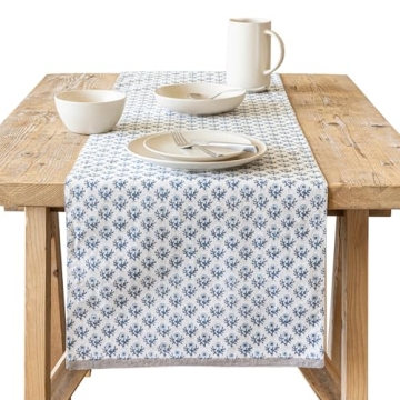 over&back Hand-Blocked Cotton Table Runner - Blue Bloom - Washable