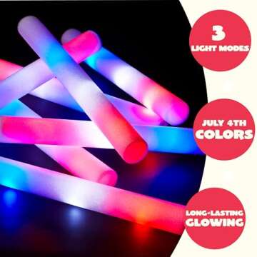 JOYIN 18 Pcs July 4th Foam Glow Sticks, Red White Blue Patriotic LED Sticks with 3Modes Flashing for Kids Adults, Glow in The Dark Party Favor Supplies for Independence Day Parade, Concerts, Carnivals
