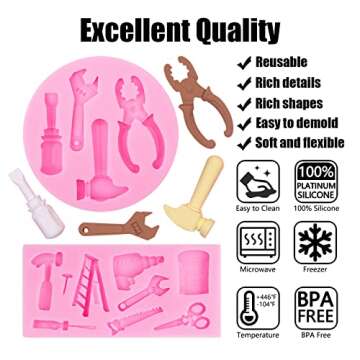 Hand Tools Silicone Molds 4 Pcs, Mini Construction Tools Chocolate Fondant Molds for Cupcake Toppers Mini Cake Decorating Candy Polymer Clay Resin Crafts Cake Mold for Birthday Party