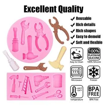 Hand Tools Silicone Molds 4 Pcs, Mini Construction Tools Chocolate Fondant Molds for Cupcake Toppers Mini Cake Decorating Candy Polymer Clay Resin Crafts Cake Mold for Birthday Party