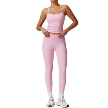 Womens Workout Sets Two Piece Seamless Stretch Cross Back Tank Top Matching Tummy Control High Waist...