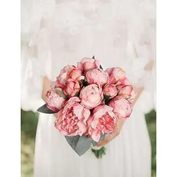ICBOX Pink Peonies Artificial Flowers 2 Bouquets Vintage Fake Peonies 14pcs Heads Silk Flowers with Stems for Wedding Decoration Bride Bouquet Faux Flowers Crafts Floral Arrangement (Pink)