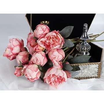 ICBOX Pink Peonies Artificial Flowers 2 Bouquets Vintage Fake Peonies 14pcs Heads Silk Flowers with Stems for Wedding Decoration Bride Bouquet Faux Flowers Crafts Floral Arrangement (Pink)