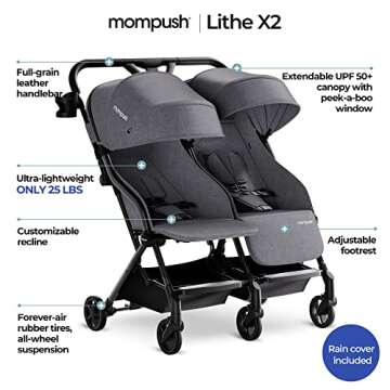 Mompush Lithe Double Ultralight Stroller, Lightweight Side by Side Stroller, Two Large Seats with In...
