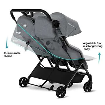 Mompush Lithe Double Ultralight Stroller, Lightweight Side by Side Stroller, Two Large Seats with Individual Recline, Easy Fold Twin Stroller