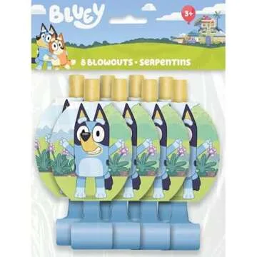 Bluey Birthday Party Supplies Bundle Pack includes 16 Party Blowouts and 1 Dinosaur Sticker Sheet