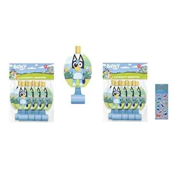Bluey Birthday Party Supplies Bundle Pack includes 16 Party Blowouts and 1 Dinosaur Sticker Sheet